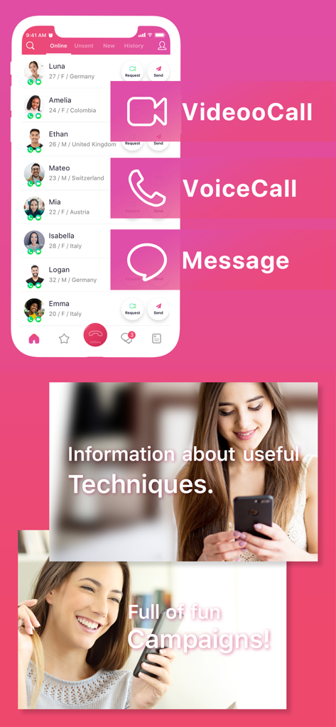 OneLiver app interface displaying video call voice call and messaging options with a list of global streamers