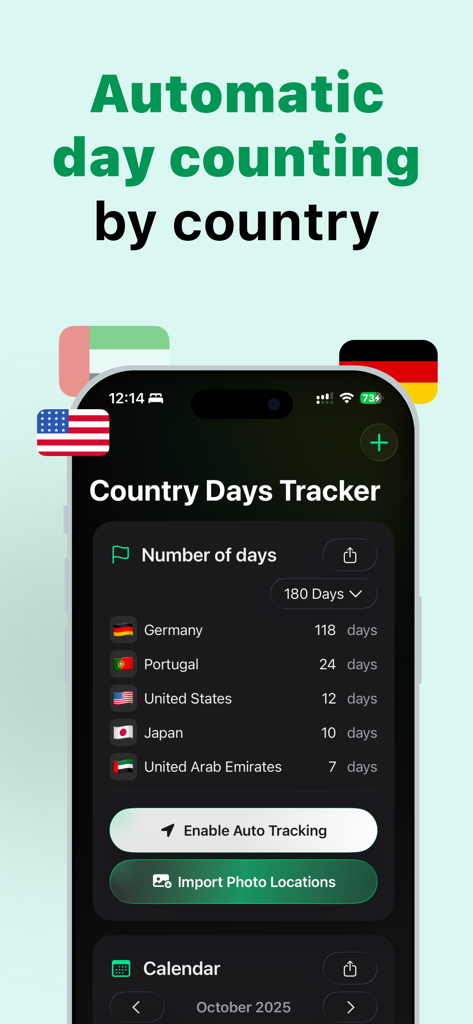 TripTrack: Days Abroad Counter - TripTrack mobile app screen showing automatic travel day counting by country.