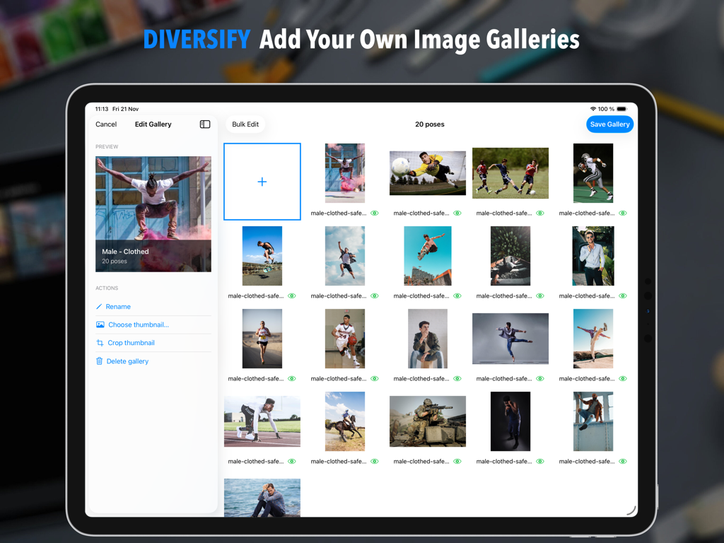 Interfaz del iPad de la aplicación Quick Poses mostrando la función para agregar y editar galerías de imágenes personalizadas para dibujo gestual