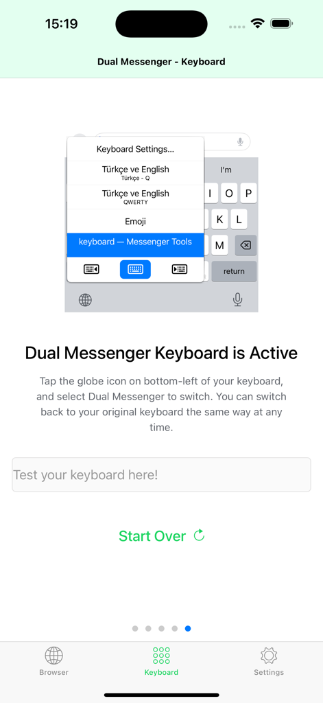 Dual Messenger for WA Web - Pantalla de instrucciones para activar el teclado personalizado de Mensajero Dual en un iPhone.