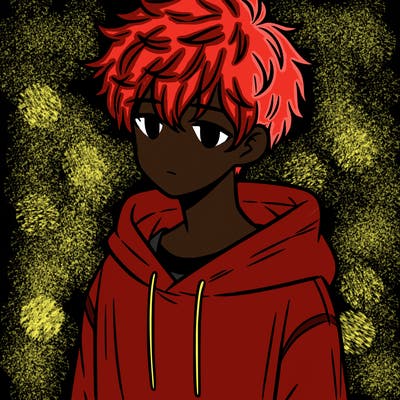 a teenage boy with messy and fluffy hair and a oversized hoodie on