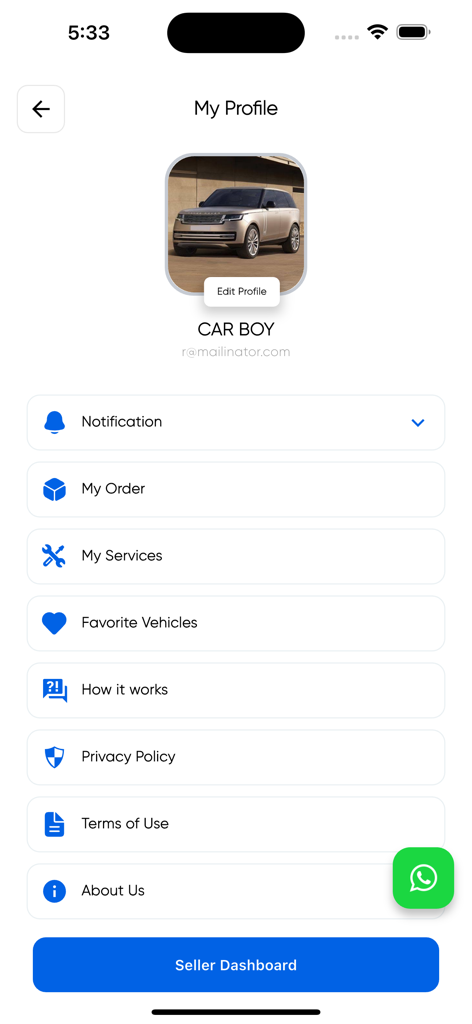 User profile screen of the Arabia Cars app featuring account options and a seller dashboard button