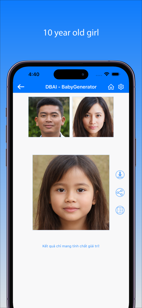 Prédiction IA d'une fille de dix ans basée sur des photos des parents dans l'application BabyGenerator.