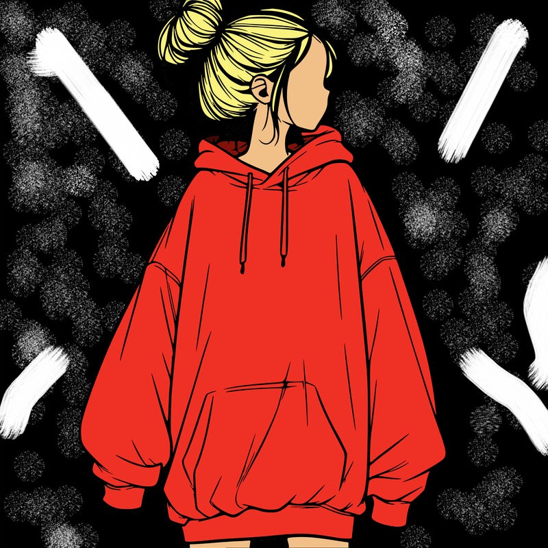 realistic girl with a oversized sweatshirt on and a bun