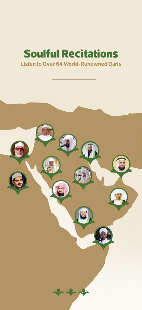 Map showing locations of world renowned Quran reciters within the Wahy app