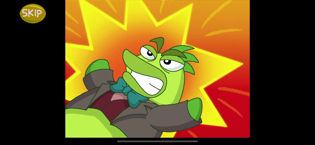 Freddi Fish 5: Coral Cove - Un personaje pez verde con traje y pajarita luciendo sorprendido durante una escena de Freddi Fish 5