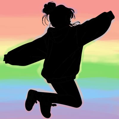 realistic girl jumping with a bun and oversized sweatshirt