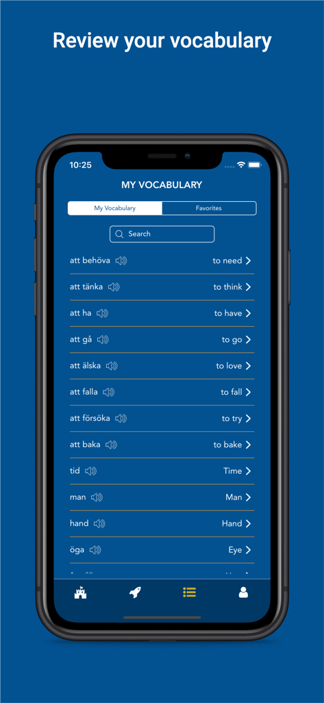 Tobo: Learn Swedish Vocabulary - A list of Swedish verbs and nouns with English translations and audio icons in the Tobo language learning app.
