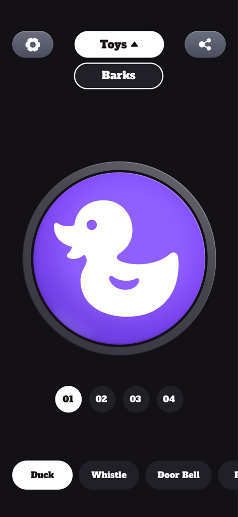 Dog Barking App - Barks & Toys - Mobile app interface showing a large purple button with a rubber duck icon for pet entertainment