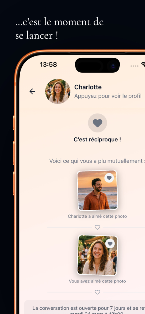 Pour de Vrai - Screenshot of the Pour de Vrai app showing a mutual match screen with profile photos of a man and a woman who liked each other.