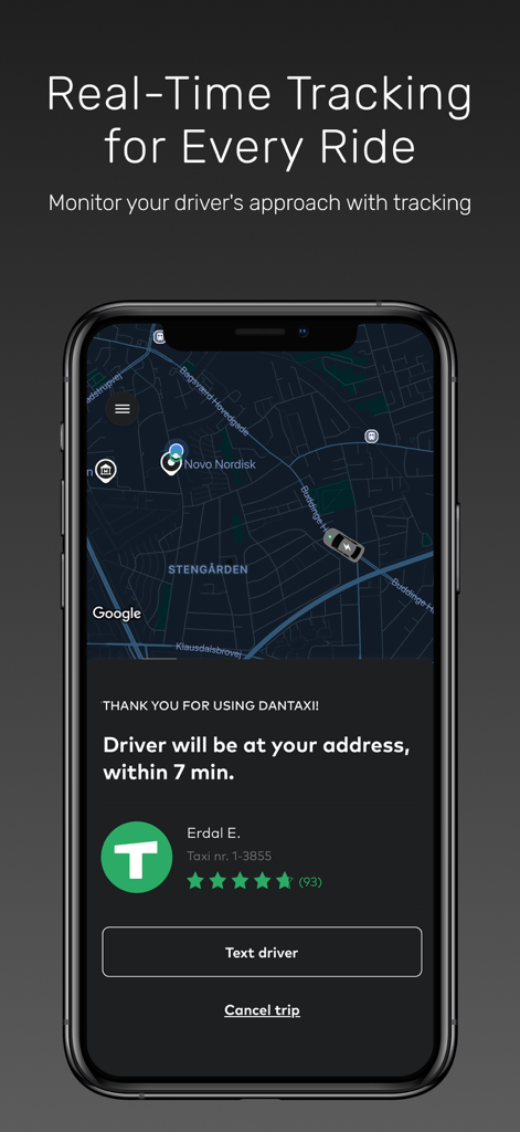 Dantaxi app interface showing real time taxi tracking on a map and driver details