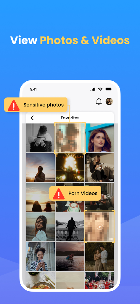 SpyX: Phone Monitoring App - A mobile interface of SpyX showing a monitored photo gallery with sensitive content and video alerts.