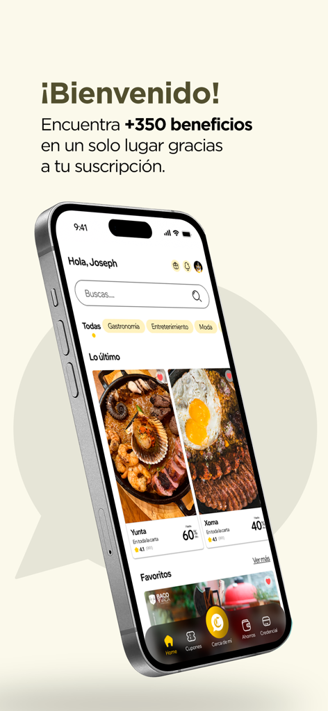 Club El Comercio - Pantalla de bienvenida de la aplicación Club El Comercio mostrando descuentos en restaurantes y beneficios de suscripción