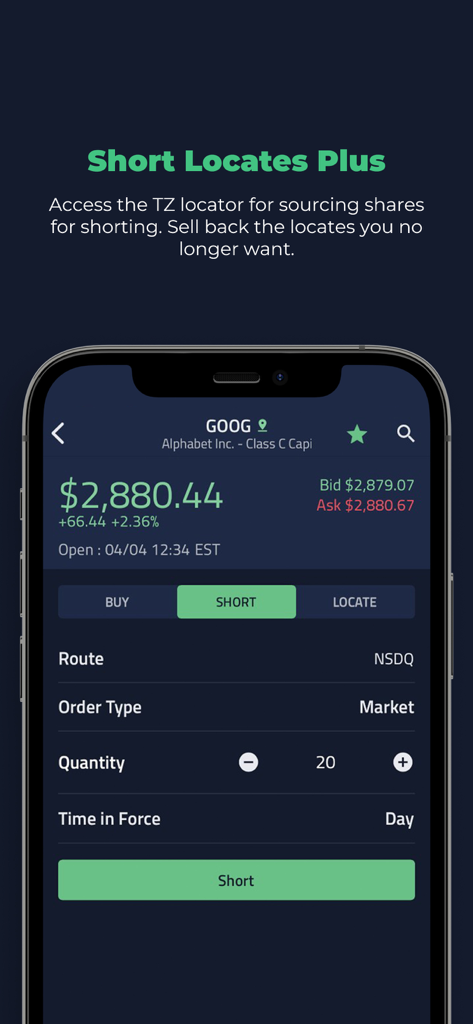 TradeZero - Interface de l'application mobile TradeZero montrant la fonctionnalité Short Locates Plus pour vendre à découvert des actions Alphabet