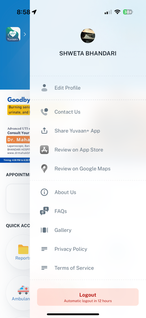 Yuvaan+ - Side menu of the Yuvaan+ mobile app showing user profile and settings options