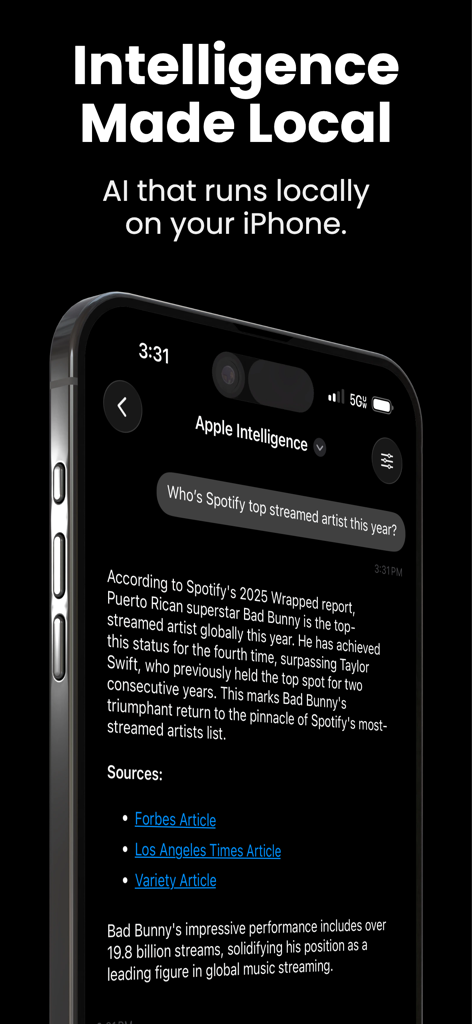 Nativ - Local AI - iPhone showing Nativ app interface with a local AI assistant answering a query about music statistics