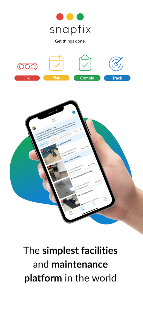 Snapfix: Smarter Maintenance - Hand holding a smartphone showing the Snapfix app interface with facilities maintenance tasks and status icons