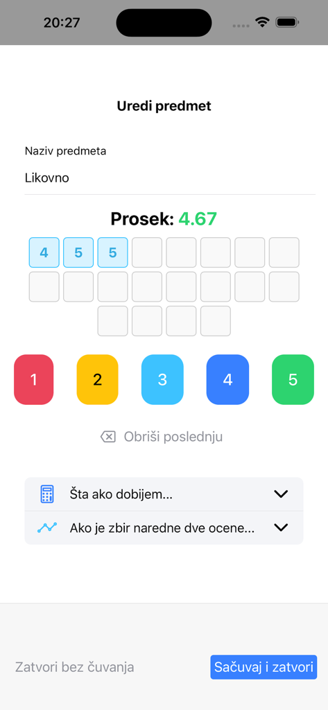 Malo Fali - uspeh - Uma interface de aplicativo móvel para rastrear notas e calcular médias futuras
