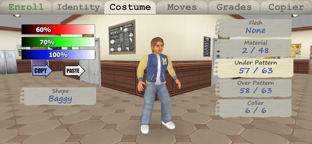 Old School 3D - A 3D character customization screen in Old School 3D showing costume patterns and color sliders for a student character