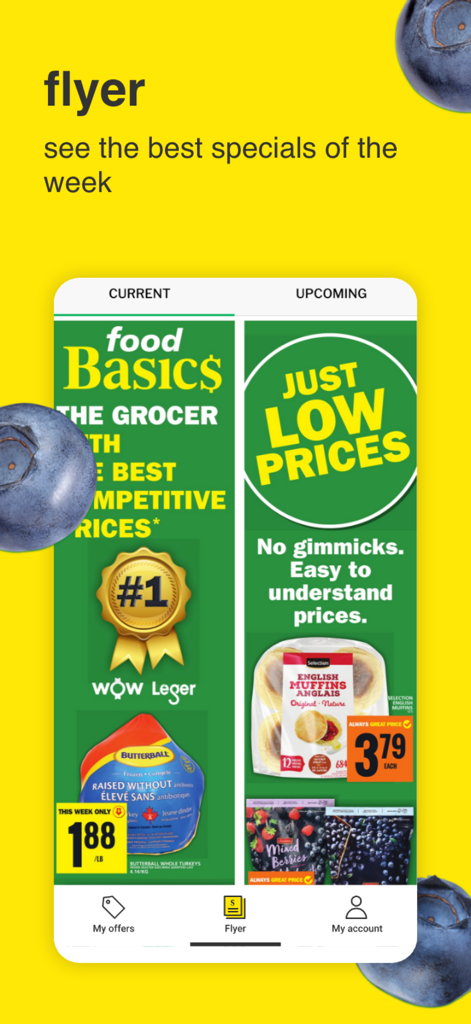 食料品の割引が掲載された現在および今後の週刊デジタルチラシを表示するFood Basicsアプリのスクリーンショット