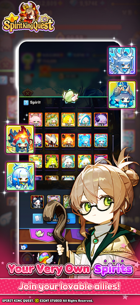 A menu in Spirit King Quest displaying a grid of adorable collectible spirits and a cute anime character holding a staff.