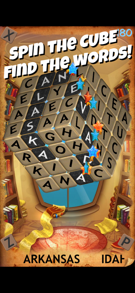 回転する文字キューブが表示されている3Dワードサーチパズル、図書館の設定