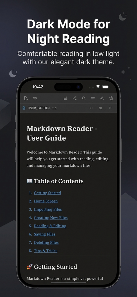 MarkFlow app interface showing a markdown user guide in dark mode for night reading.