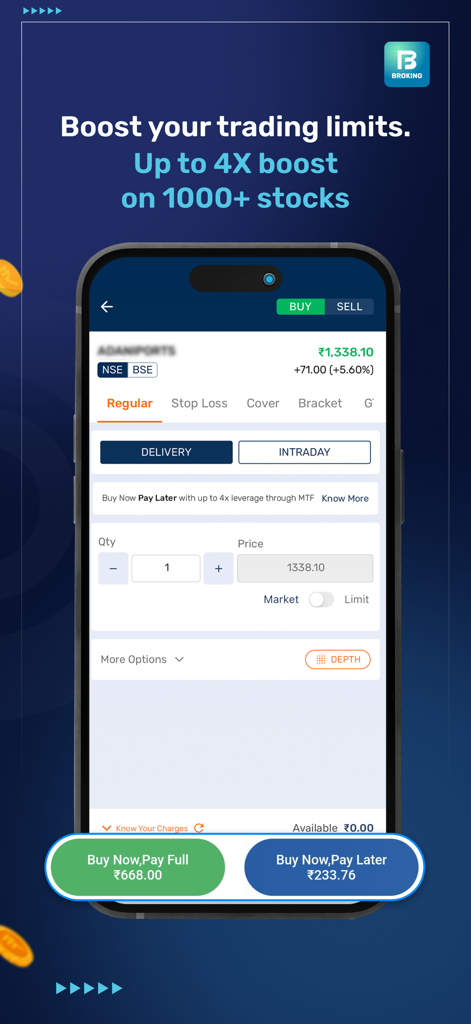 Bajaj Broking app interface displaying stock buy options with 4x leverage margin trading facility
