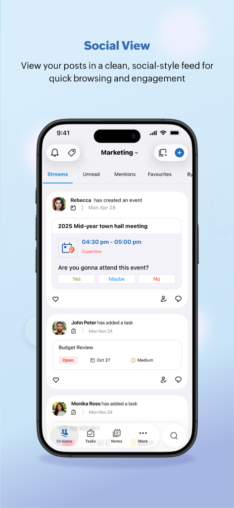 Streams - for Zoho Mail - Social style feed showing events and tasks in Streams for Zoho Mail
