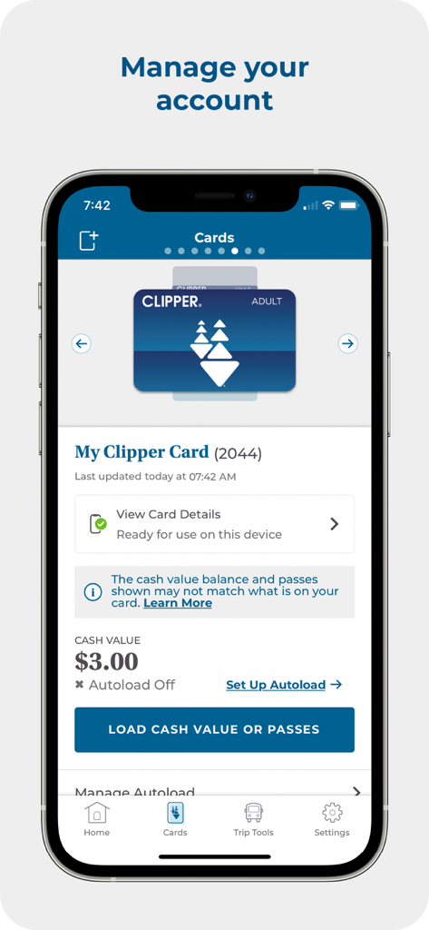 Clipper Card app interface for account management and cash value tracking