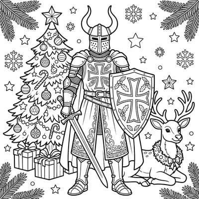 Prepare for an extraordinary coloring journey where the valor of a Teutonic Knight meets the magic of Christmas. This unique page invites you to bring a historical warrior and his festive companion to life in a joyful holiday setting.
