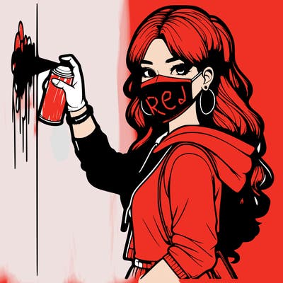 realistic girl with mask spray painting a wall