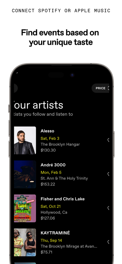 DICE: Live Shows - Schermata dell'app DICE che mostra eventi musicali dal vivo personalizzati basati sui gusti musicali