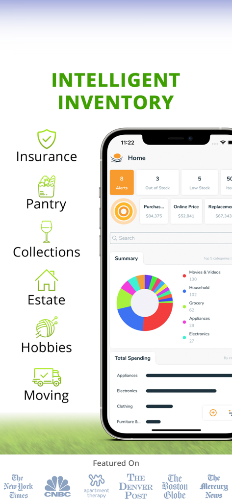 Nest Egg - Inventory - Dashboard of Nest Egg Inventory app showing home organization categories and data visualizations.