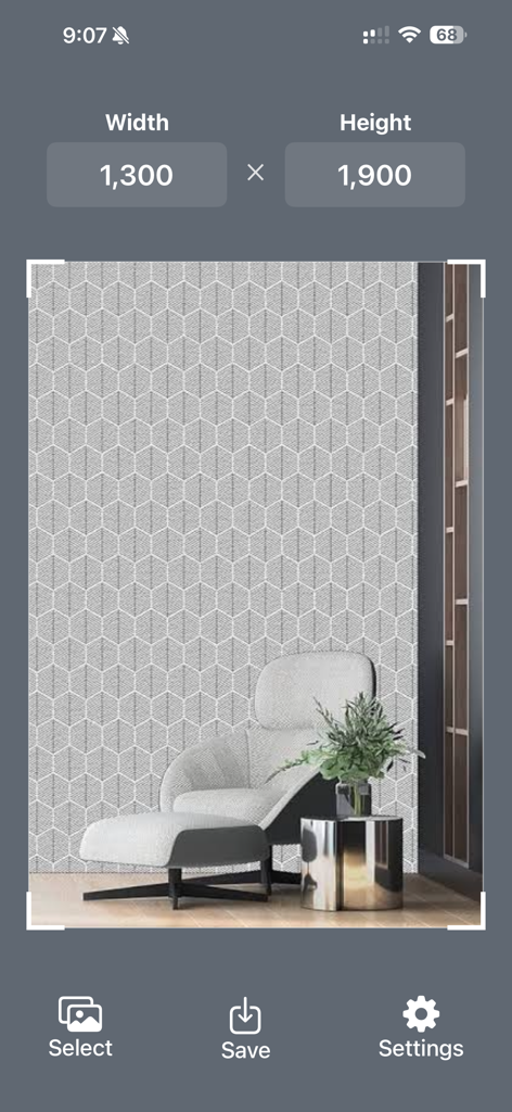 Mobile app interface of Photo Size Editor showing width and height input fields for resizing a photo of a modern chair and table.