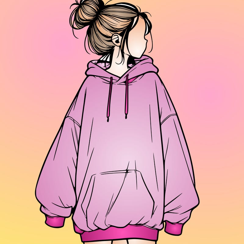 realistic girl with a oversized sweatshirt on and a bun