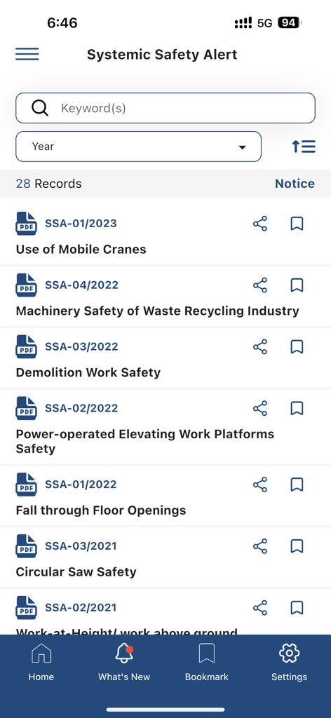 OSH 2.0 - Pantalla de la aplicación OSH 2.0 de registros PDF de alertas de seguridad sistémica