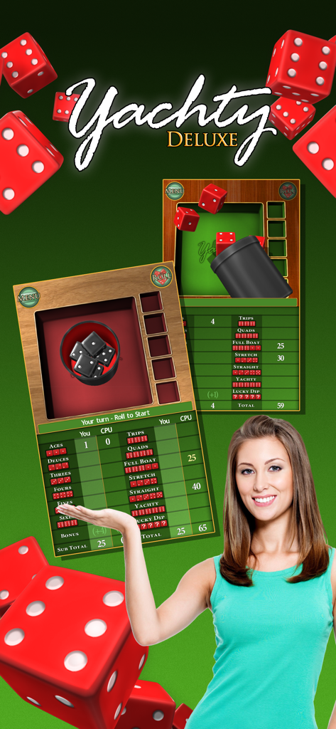 Yachty - Yachty Deluxe mobile game screen showing realistic 3D dice and digital scoring