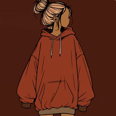 realistic girl with a oversized sweatshirt on and a bun