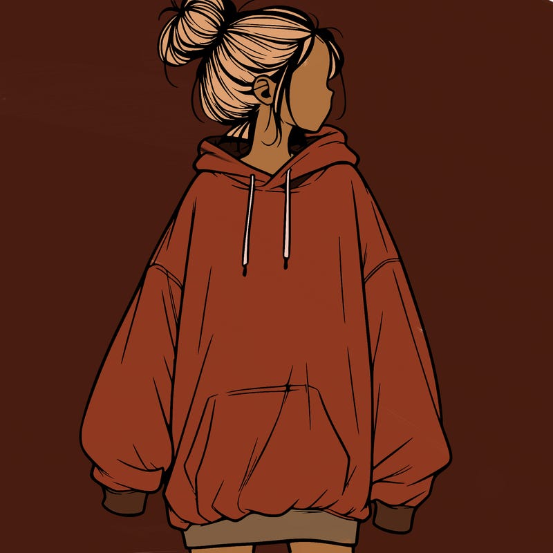 realistic girl with a oversized sweatshirt on and a bun