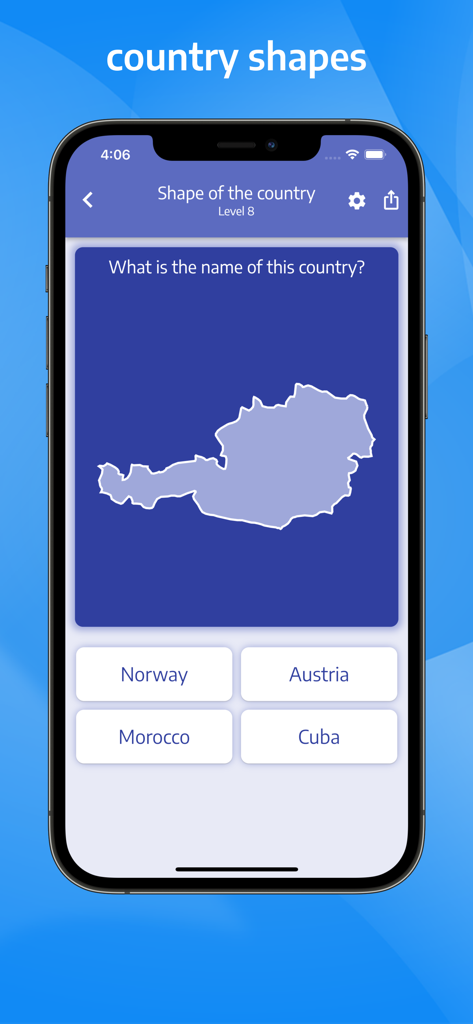Ein Geografie-Quiz-Level, bei dem der Benutzer eine Länderform aus Multiple-Choice-Optionen identifizieren muss