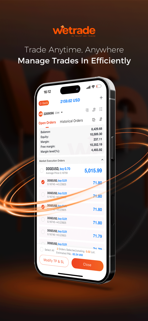 WeTrade-Global Online Trading - WeTrade mobile app interface showing open trading orders and account balance.