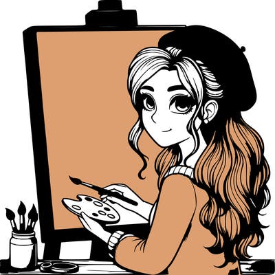 realistic girl artist painting a blank canvas