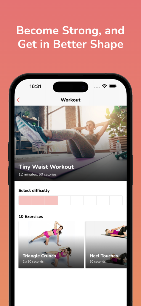 Hourglass Figure Challenge - Screenshot of the Hourglass Figure Challenge app displaying a Tiny Waist Workout routine with exercises like triangle crunches.