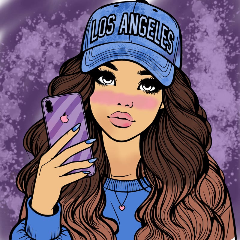 realistic beautiful girl wearing los ángeles cap holding an iphone