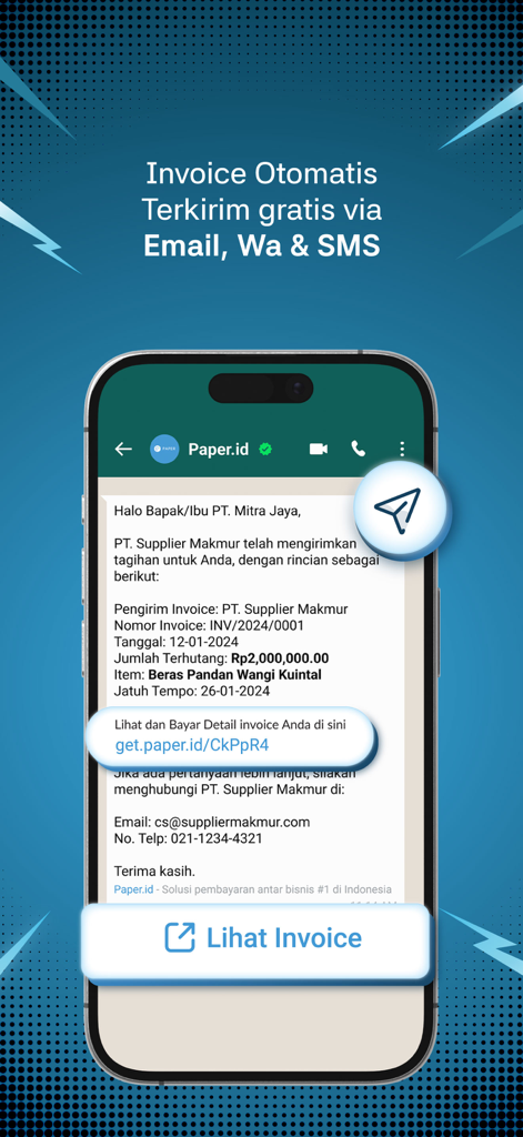 Paper.id: Online Invoicing - A smartphone displaying an automated business invoice sent through WhatsApp using the Paper.id app.