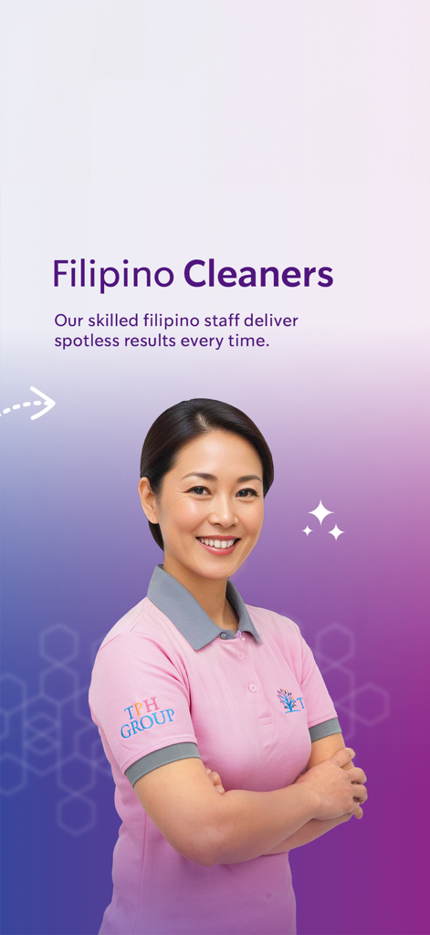 Uma limpador profissional sorridente da TPH Home Services representando a equipe filipina qualificada