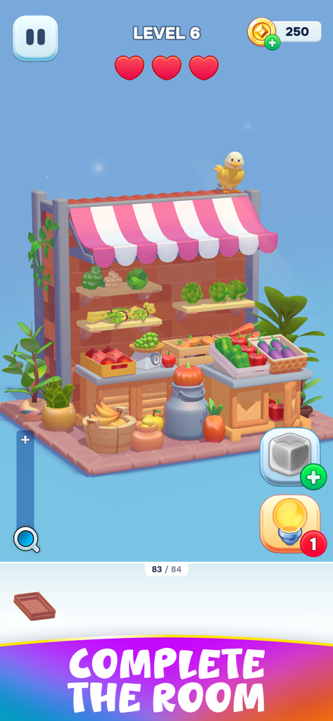 Un rompecabezas 3D de un puesto de mercado de frutas y verduras en el juego móvil Decolore.