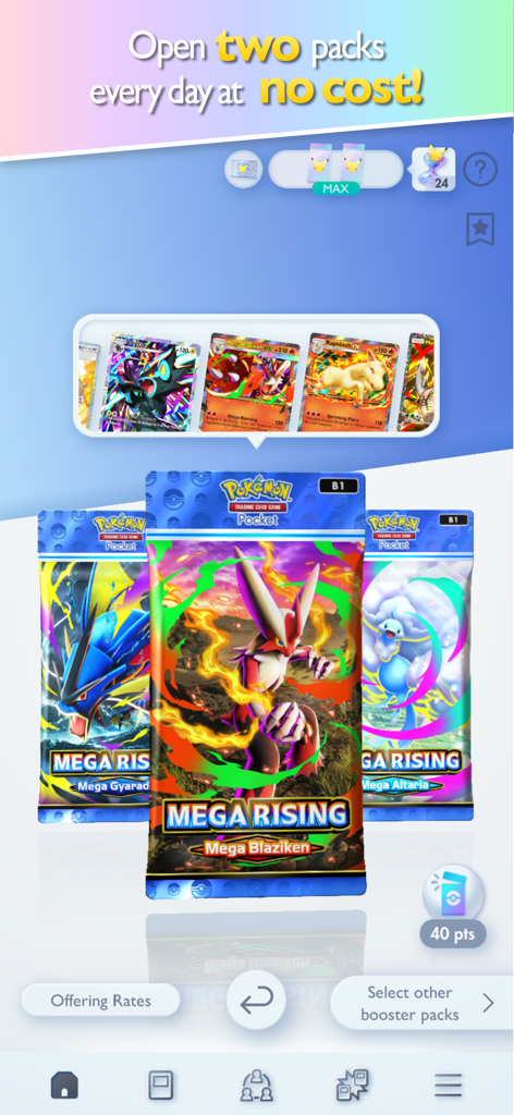 Pokémon TCG Pocket - Ein mobiler Bildschirm, der zwei kostenlose tägliche Boosterpacks zeigt, die in der Pokemon TCG Pocket App verfügbar sind.