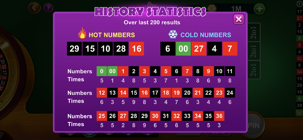 History statistics screen in Casino Royale Roulette showing hot and cold numbers over the last 200 results